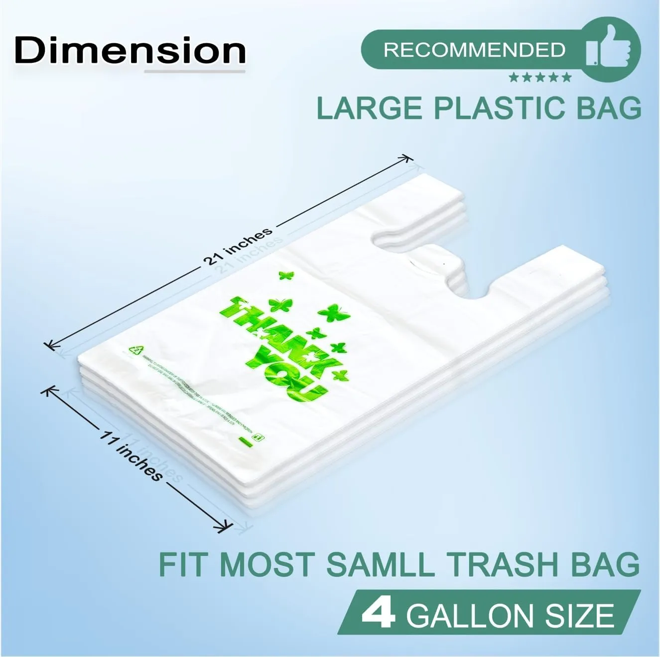 1000 Count Large T-Shirt Bags  White Plastic Shopping Bags with Handles, 11"x6"x21", for Retail, Merchandise, Grocery, Supermarket Use