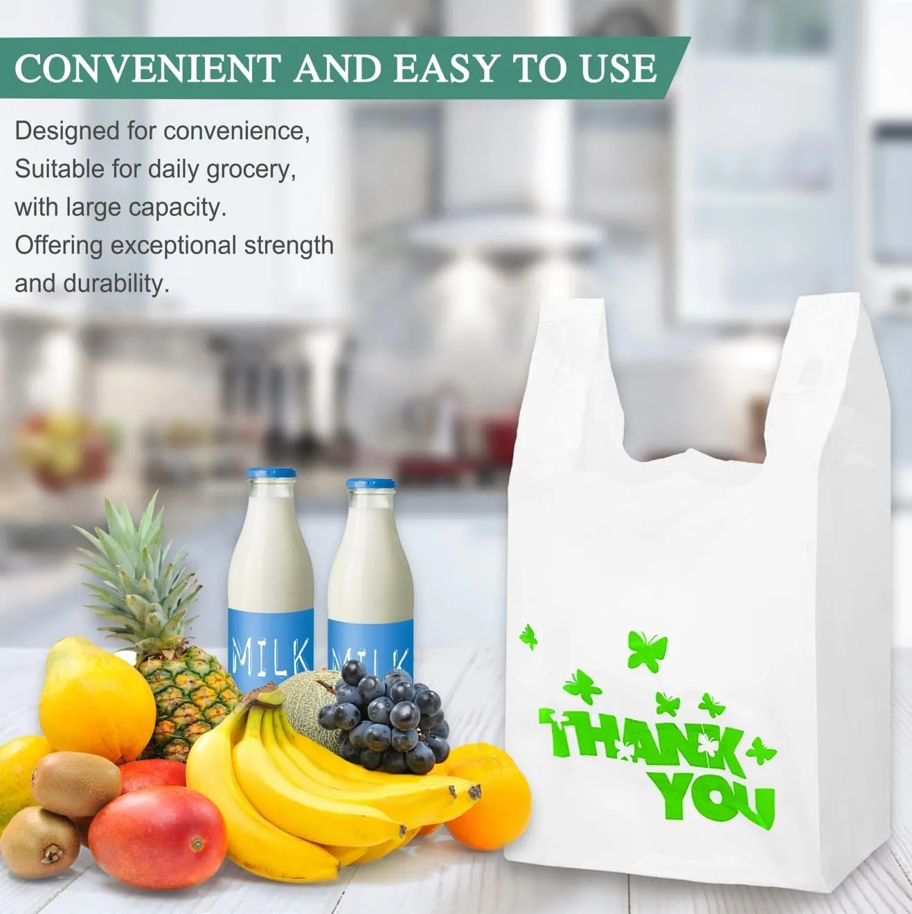 1000 Count Large T-Shirt Bags  White Plastic Shopping Bags with Handles, 11"x6"x21", for Retail, Merchandise, Grocery, Supermarket Use