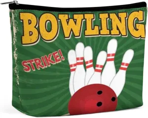 2024 Bowling,PU Leather Travel Makeup Bag,Bowling Retro Poster,Large Capacity Cosmetic Bags for Women,Waterproof Portable Pouch Toiletry Bag Make up Organizer,Multicolor