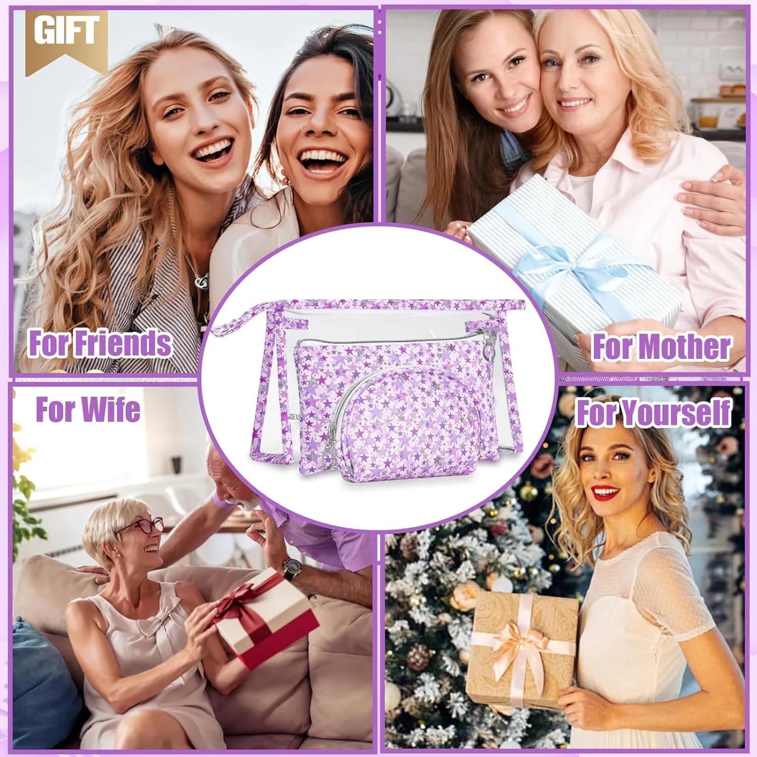 3 Pcs Travel Makeup Bags Set, Large Capacity Toiletry Bag for Women, Clear Cosmetic Bag Waterproof Organizer Purse Pouch Pencil Makeup Storage Case with Zipper (Purple)