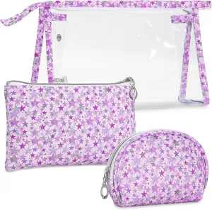 3 Pcs Travel Makeup Bags Set, Large Capacity Toiletry Bag for Women, Clear Cosmetic Bag Waterproof Organizer Purse Pouch Pencil Makeup Storage Case with Zipper (Purple)