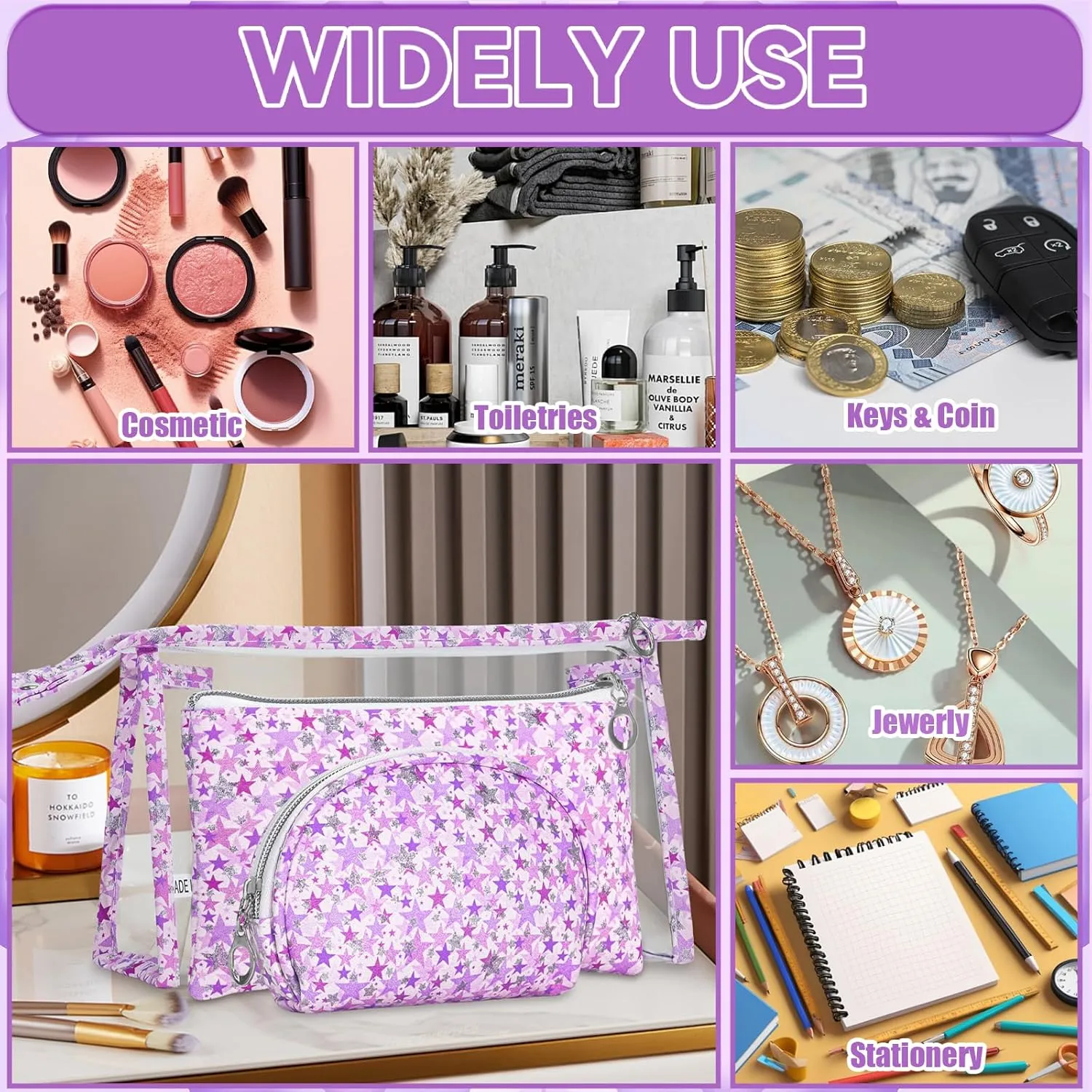 3 Pcs Travel Makeup Bags Set, Large Capacity Toiletry Bag for Women, Clear Cosmetic Bag Waterproof Organizer Purse Pouch Pencil Makeup Storage Case with Zipper (Purple)