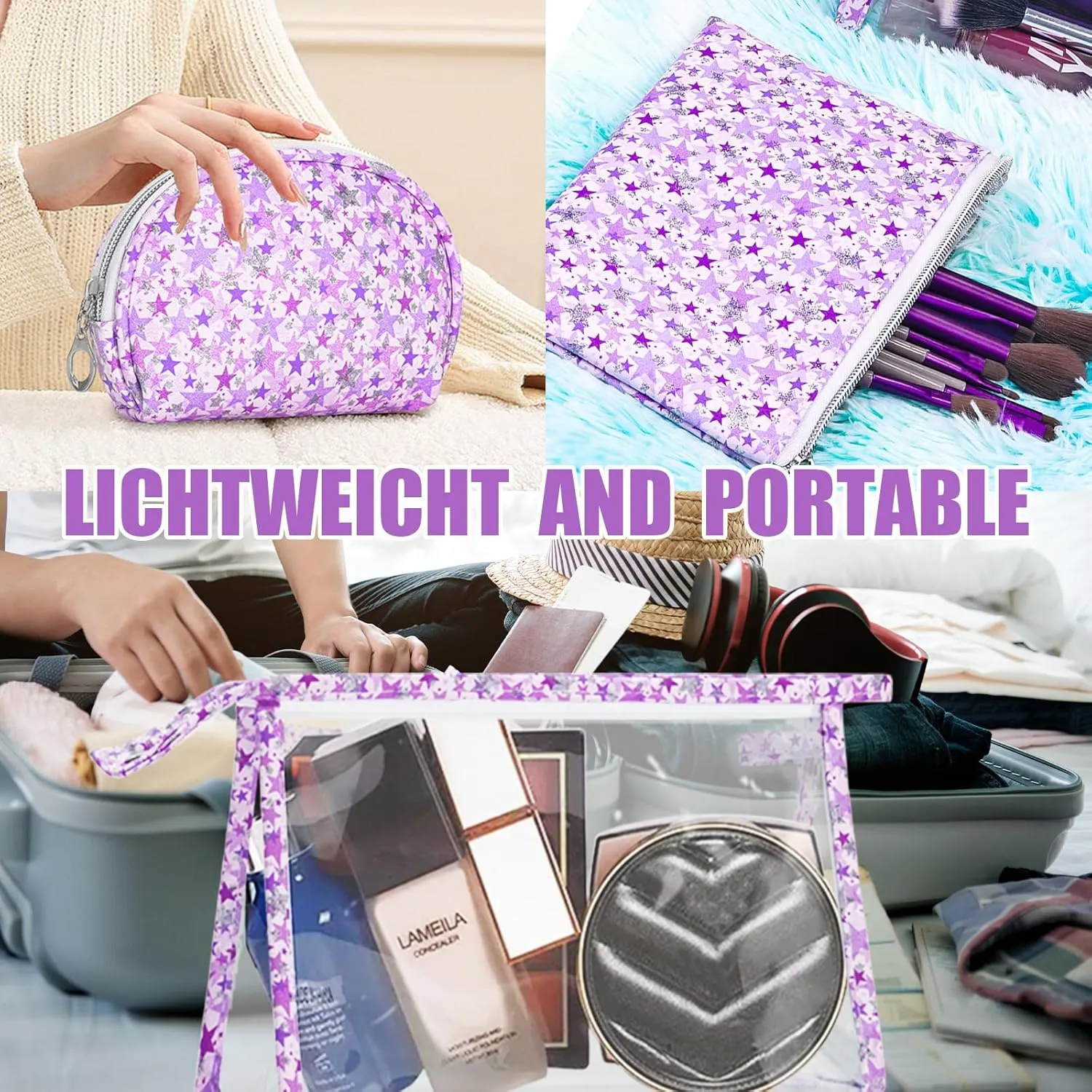 3 Pcs Travel Makeup Bags Set, Large Capacity Toiletry Bag for Women, Clear Cosmetic Bag Waterproof Organizer Purse Pouch Pencil Makeup Storage Case with Zipper (Purple)