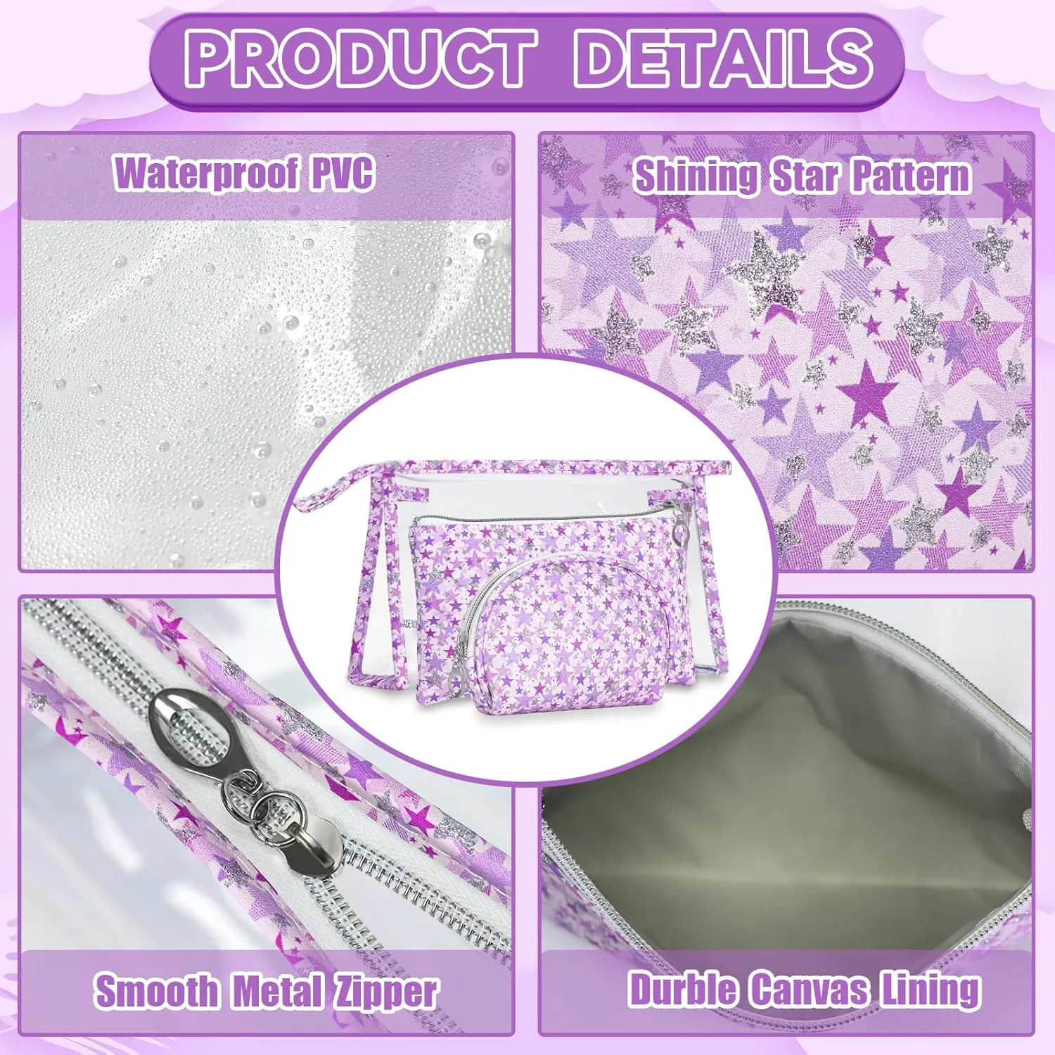 3 Pcs Travel Makeup Bags Set, Large Capacity Toiletry Bag for Women, Clear Cosmetic Bag Waterproof Organizer Purse Pouch Pencil Makeup Storage Case with Zipper (Purple)