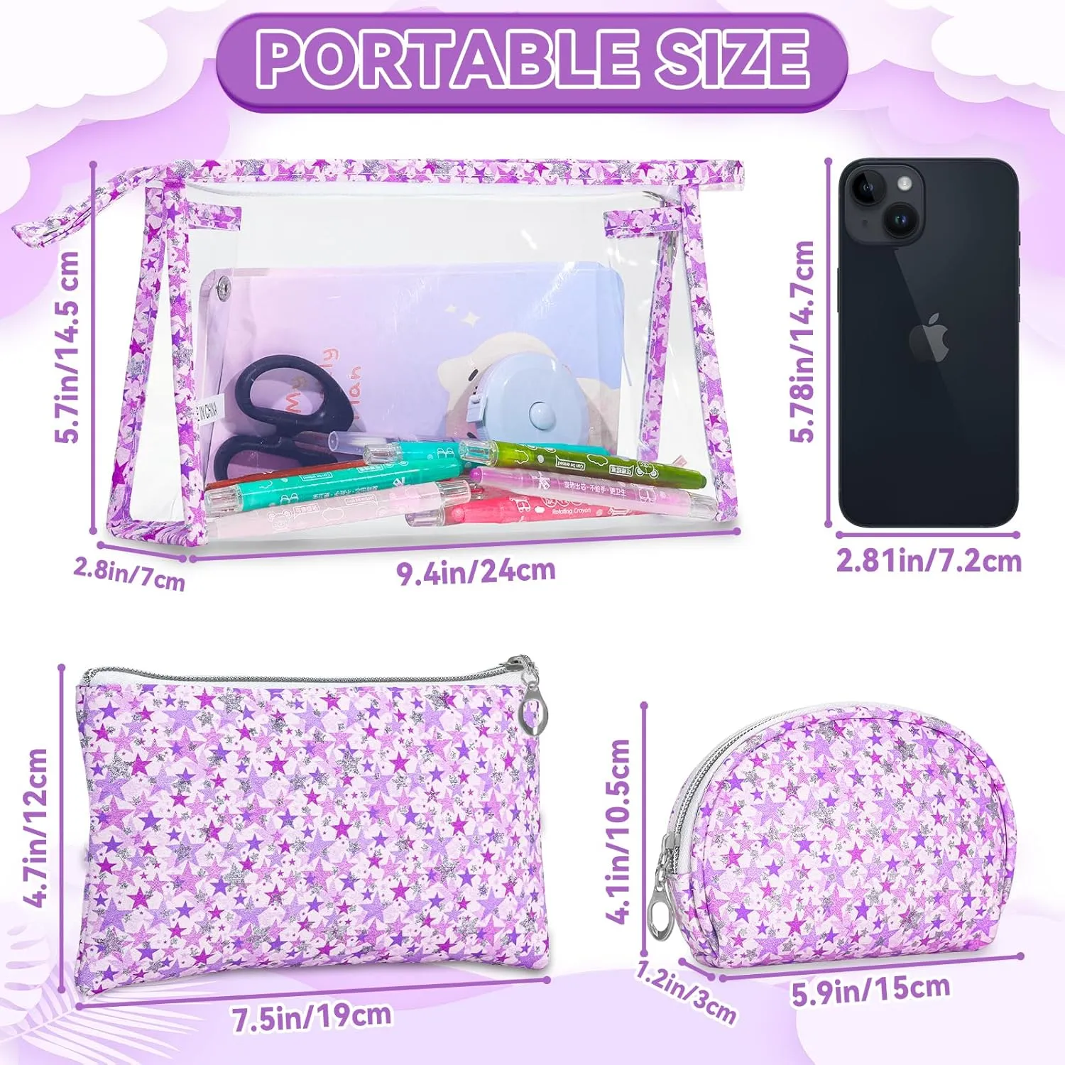 3 Pcs Travel Makeup Bags Set, Large Capacity Toiletry Bag for Women, Clear Cosmetic Bag Waterproof Organizer Purse Pouch Pencil Makeup Storage Case with Zipper (Purple)