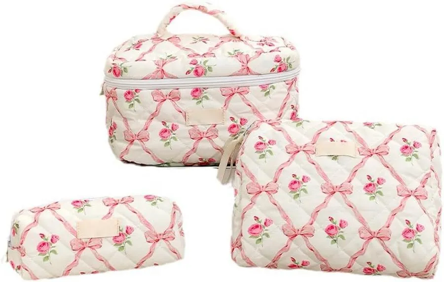 3Pcs Quilted Cotton Makeup Bag,Coquette Quilted Toiletry Bag for Women and Girls, Coquette Pouch, Cute Kawaii Travel Cosmetic Bags