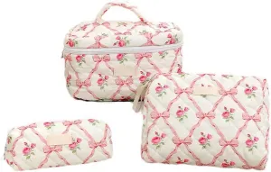3Pcs Quilted Cotton Makeup Bag,Coquette Quilted Toiletry Bag for Women and Girls, Coquette Pouch, Cute Kawaii Travel Cosmetic Bags