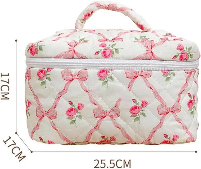 3Pcs Quilted Cotton Makeup Bag,Coquette Quilted Toiletry Bag for Women and Girls, Coquette Pouch, Cute Kawaii Travel Cosmetic Bags