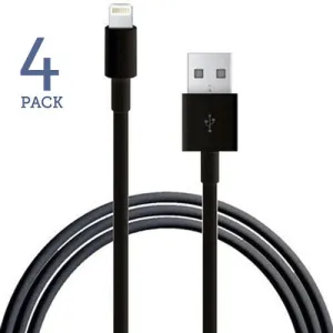 4 Pack: 8 Pin to USB Charge & Data Sync Cables 3ft for iPhone 5/6/7/8 & iPads in Black