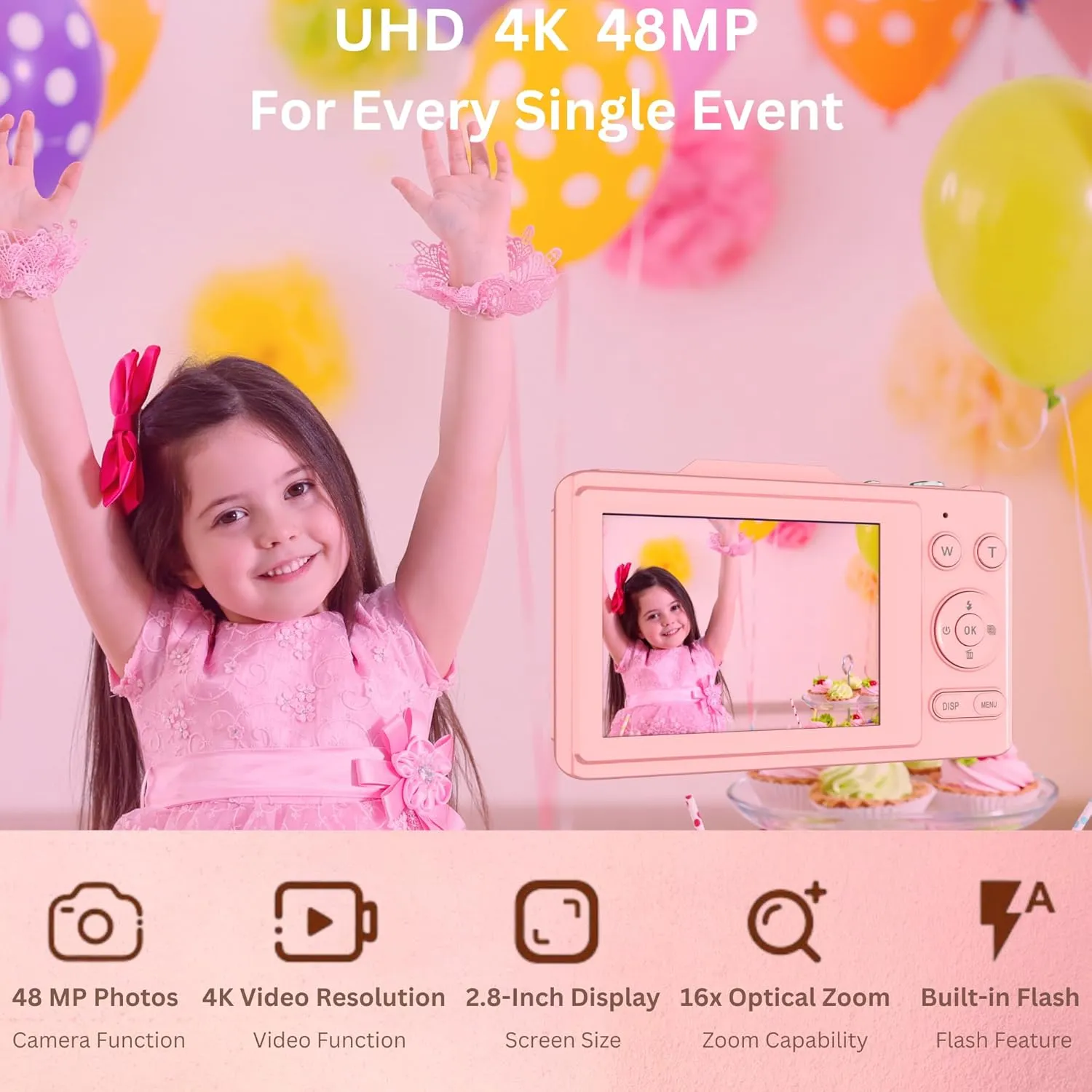 4K Digital Camera - 48MP Photos 32GB SD Card & Lanyard Included - Travel-Friendly, Digital Point and Shoot Camera, Kid-Sized, Small Camera Gift for Kids, Girls, Students & Teens