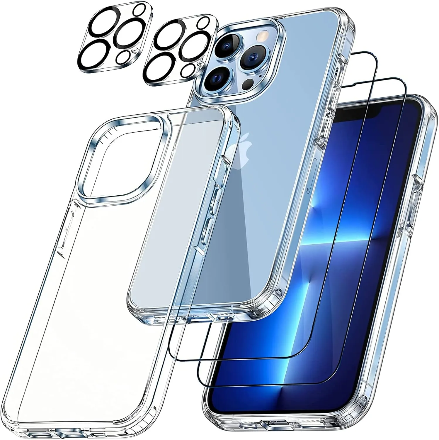 5 in 1 Clear Case for iPhone 13, with 2 Pack 9H Hardness HD Tempered Glass Screen Protector   2 Pack Camera Lens Protector, Crystal Phone Case & Non-Yellowing for iPhone 13 6.1"