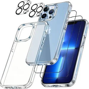 5 in 1 Clear Case for iPhone 13, with 2 Pack 9H Hardness HD Tempered Glass Screen Protector   2 Pack Camera Lens Protector, Crystal Phone Case & Non-Yellowing for iPhone 13 6.1"