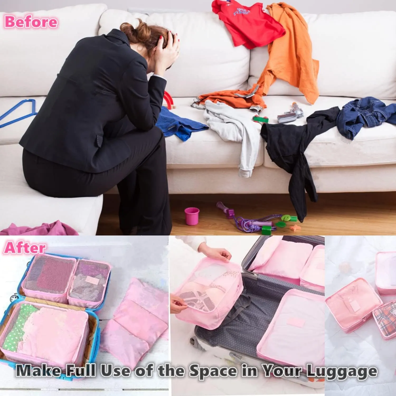 6 Pack Packing Cubes for Suitcases, Luggage Organizer, Travel Bag Organizer Storage Bags, Travel Cubes Compression (Pink)