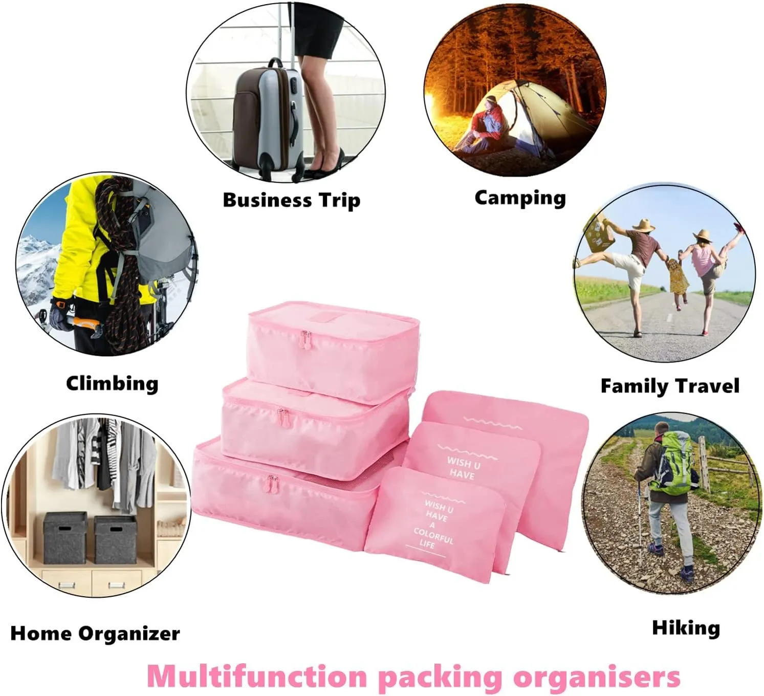 6 Pack Packing Cubes for Suitcases, Luggage Organizer, Travel Bag Organizer Storage Bags, Travel Cubes Compression (Pink)