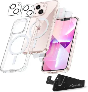 [7 in 1 Defender iPhone 13 Magnetic Case 6.1 Inch   2 Pack Tempered Glass Screen Protector   2 Pack Camera Lens Protector [Military Grade Protection]   Phone Stand, Clear Shockproof Slim Thin