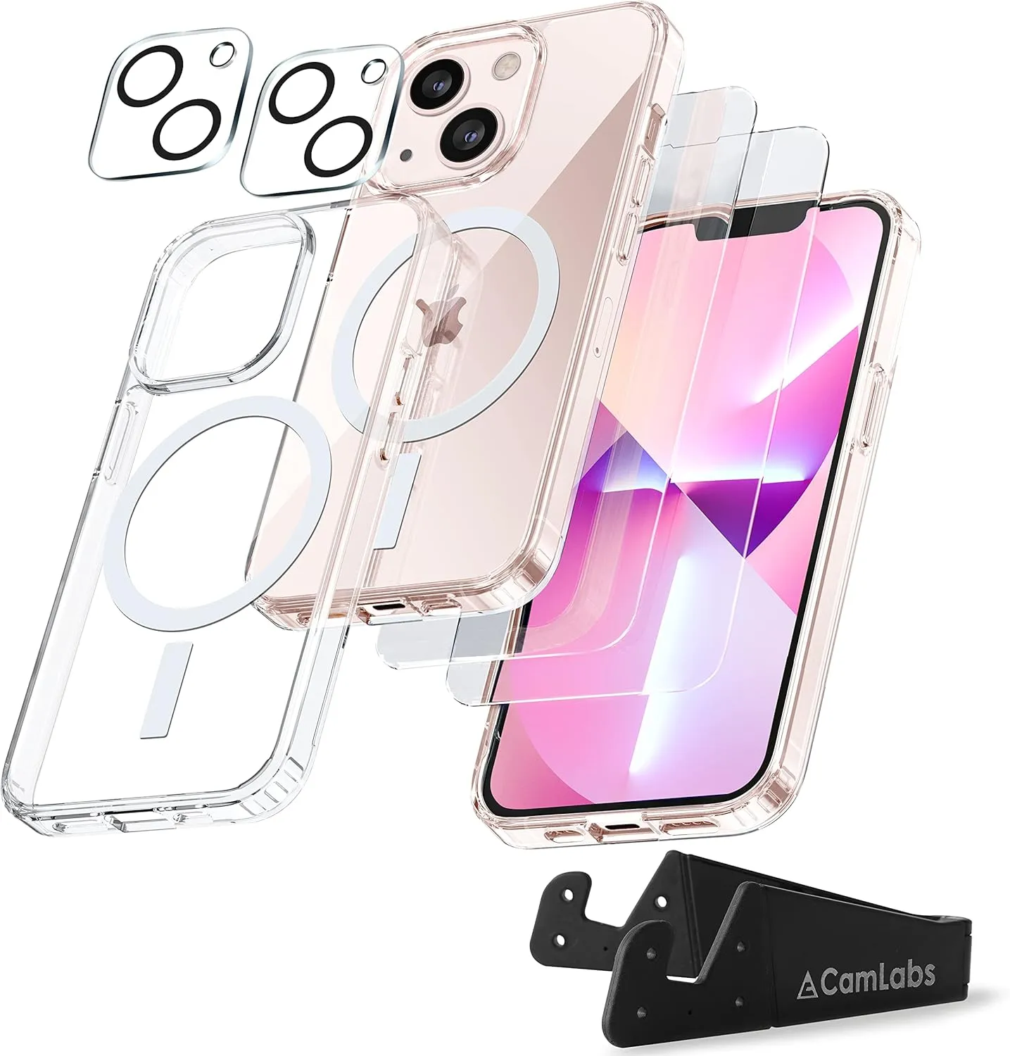 [7 in 1 Defender iPhone 13 Magnetic Case 6.1 Inch   2 Pack Tempered Glass Screen Protector   2 Pack Camera Lens Protector [Military Grade Protection]   Phone Stand, Clear Shockproof Slim Thin