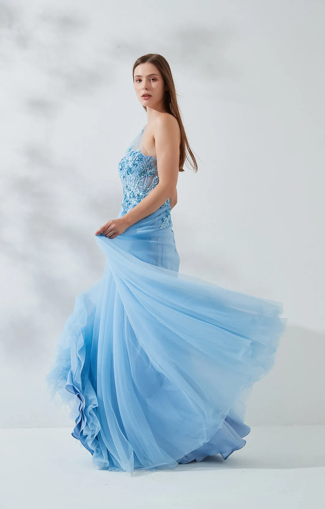 A-line One Shoulder Mesh Appliqued Tulle Prom Dress
