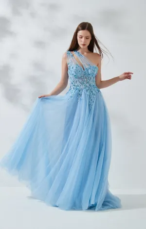 A-line One Shoulder Mesh Appliqued Tulle Prom Dress