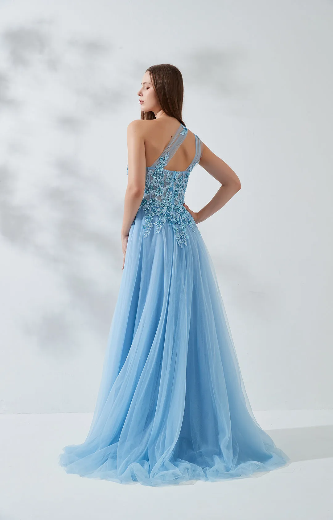 A-line One Shoulder Mesh Appliqued Tulle Prom Dress