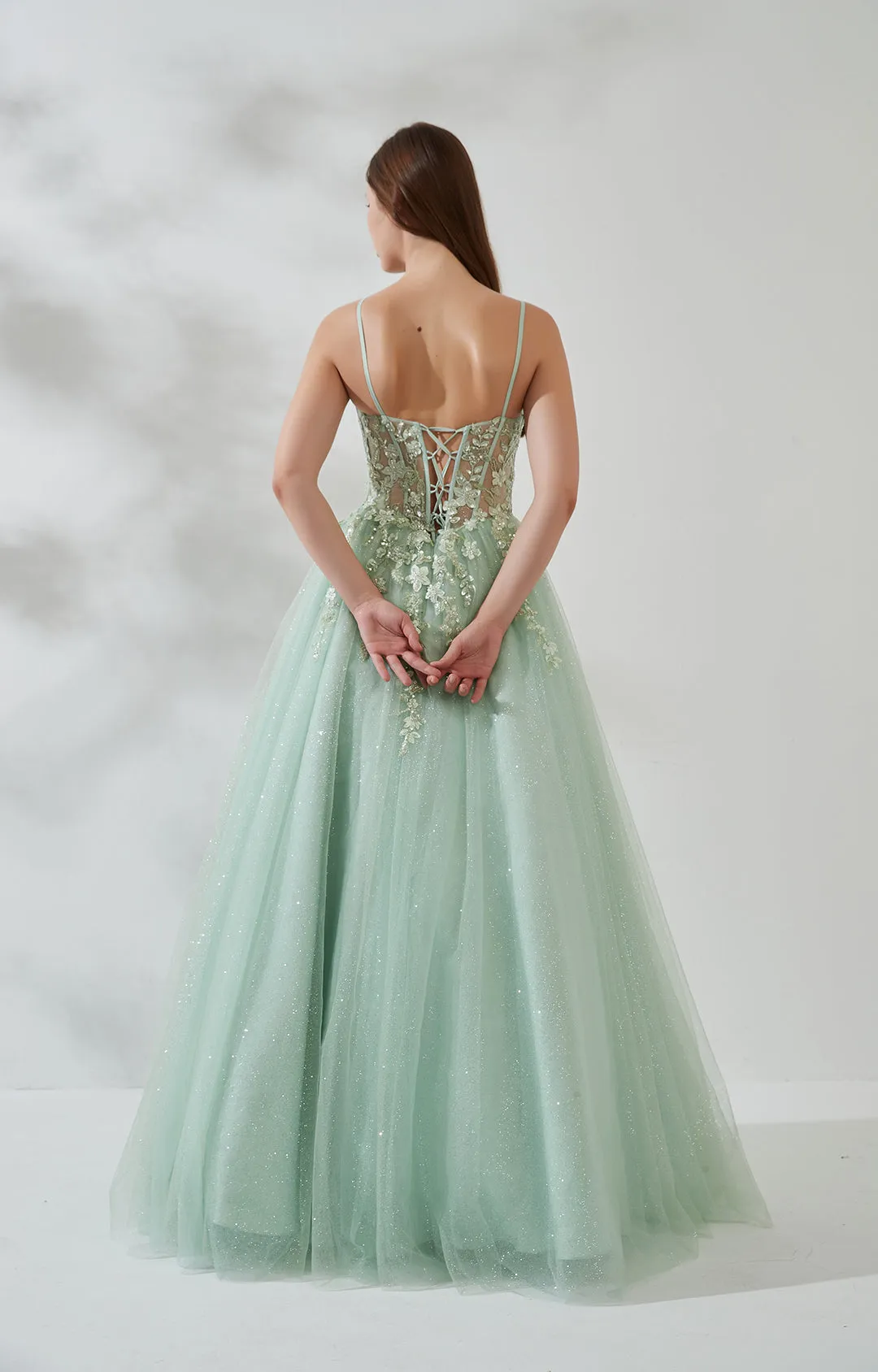 A-line Tulle Lace Sparkly Appliqued Slit V-neck Prom Dress