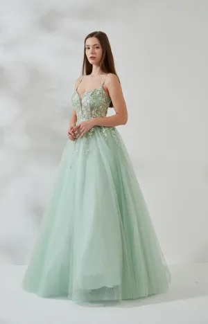 A-line Tulle Lace Sparkly Appliqued Slit V-neck Prom Dress
