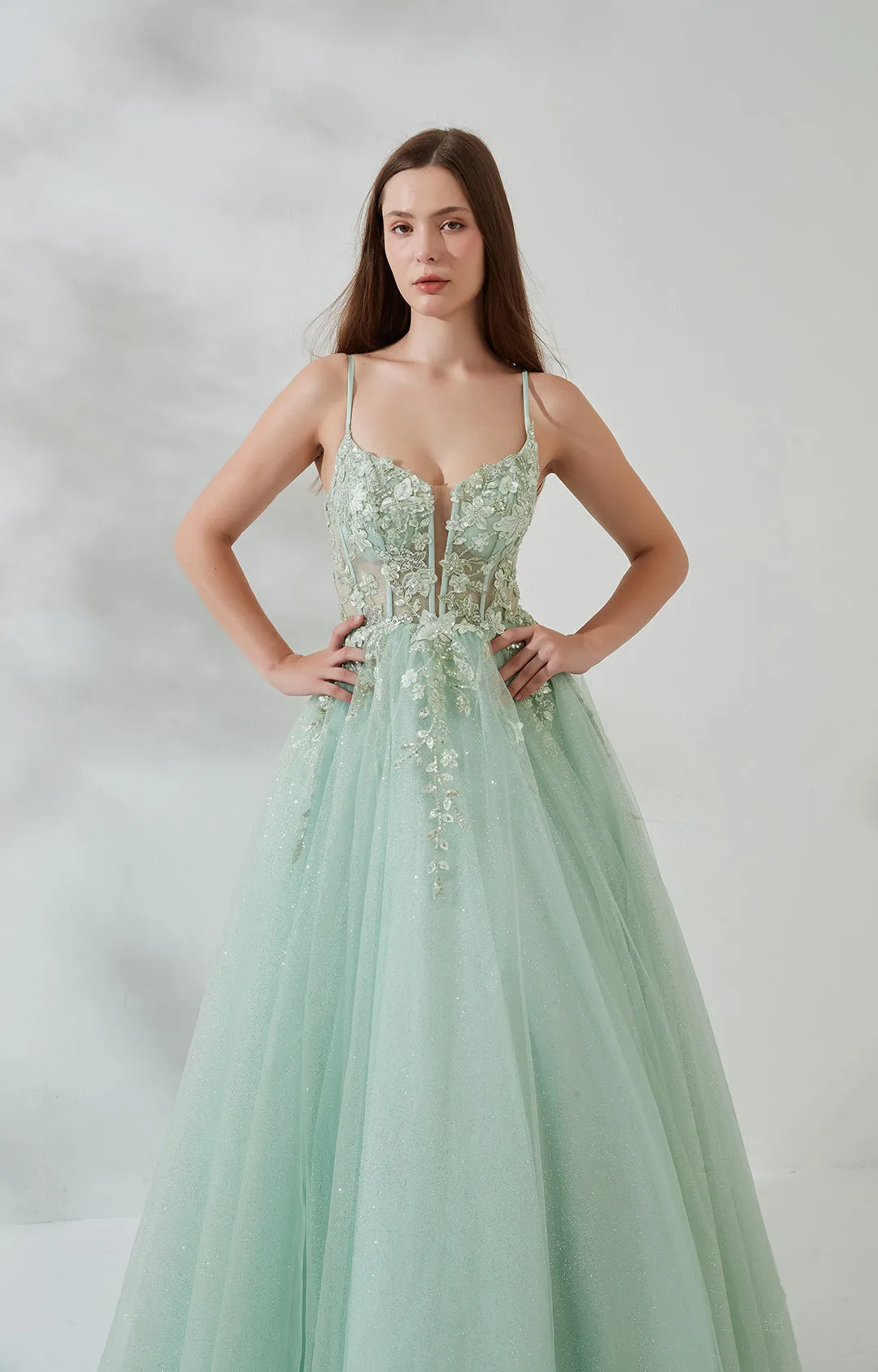 A-line Tulle Lace Sparkly Appliqued Slit V-neck Prom Dress