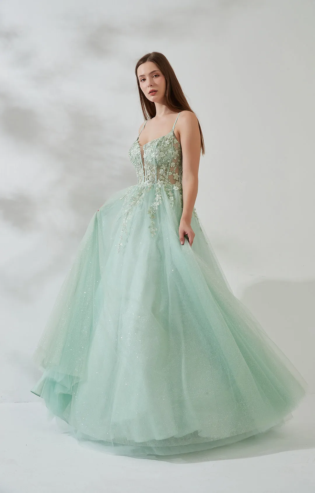 A-line Tulle Lace Sparkly Appliqued Slit V-neck Prom Dress