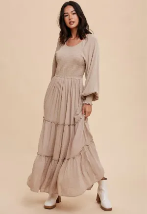 Almond Swiss Dot Smocked Maxi Dress