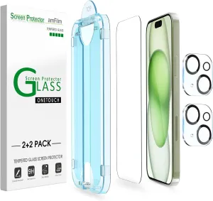 amFilm OneTouch 2 2 Pack for iPhone 15 Plus 6.7" Screen Protector Tempered Glass with Camera Lens Protector, Easiest Premium Installation Kit, Bubble Free, Case Friendly, 9H Hardness, Anti-Scratch