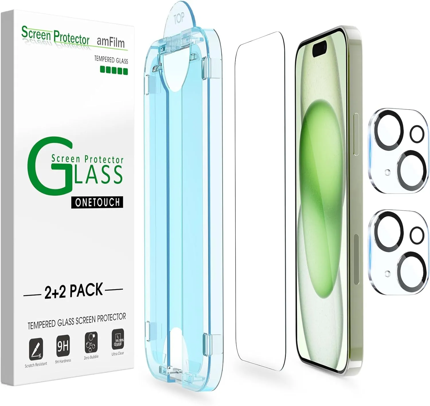 amFilm OneTouch 2 2 Pack for iPhone 15 Plus 6.7" Screen Protector Tempered Glass with Camera Lens Protector, Easiest Premium Installation Kit, Bubble Free, Case Friendly, 9H Hardness, Anti-Scratch