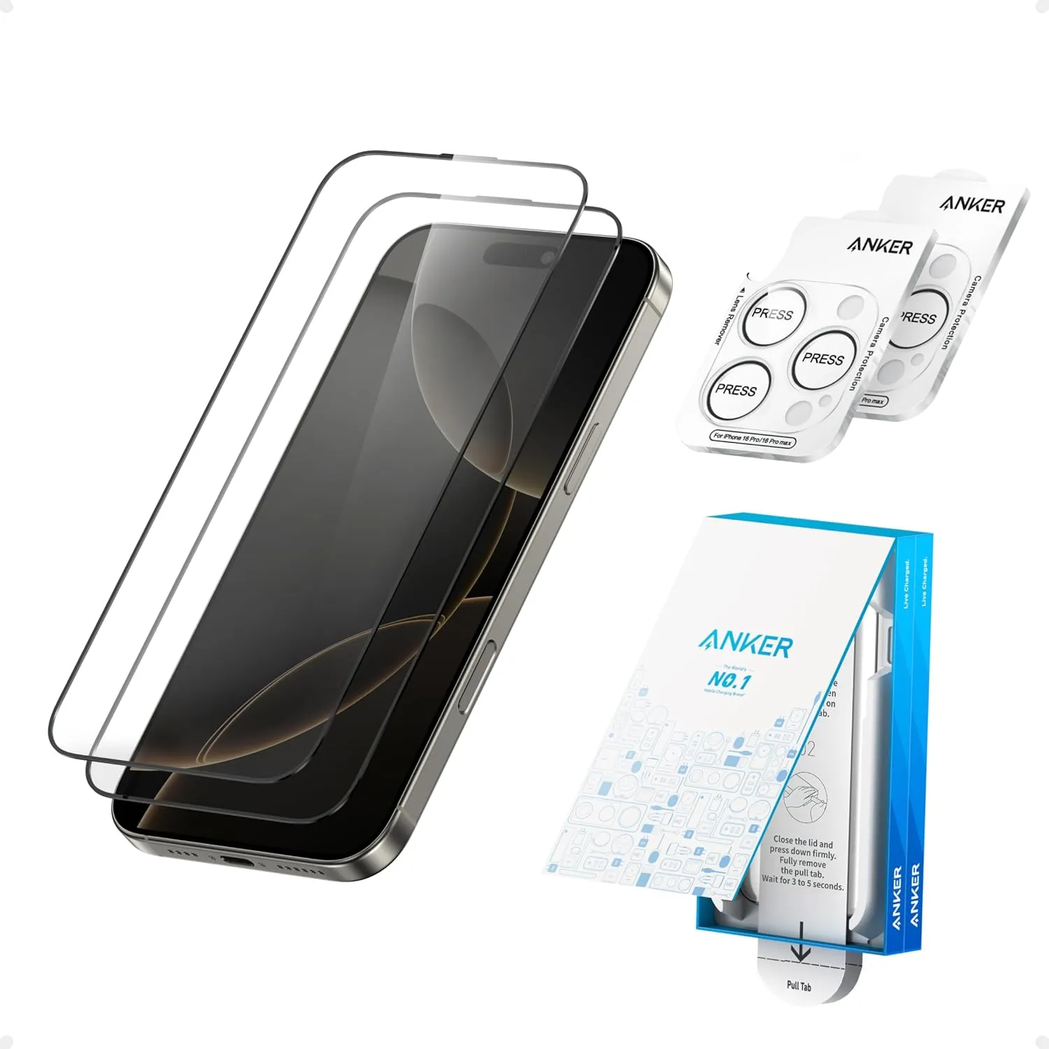 Anker HD Screen and Lens Protectors for iPhone 16 Pro (2-Pack), 6.3-Inch Ultra-Thin, Durable, and Clear Tempered Glass, Fast and Easy Installation, Scratch and Impact Resistant, 12-Month Warranty