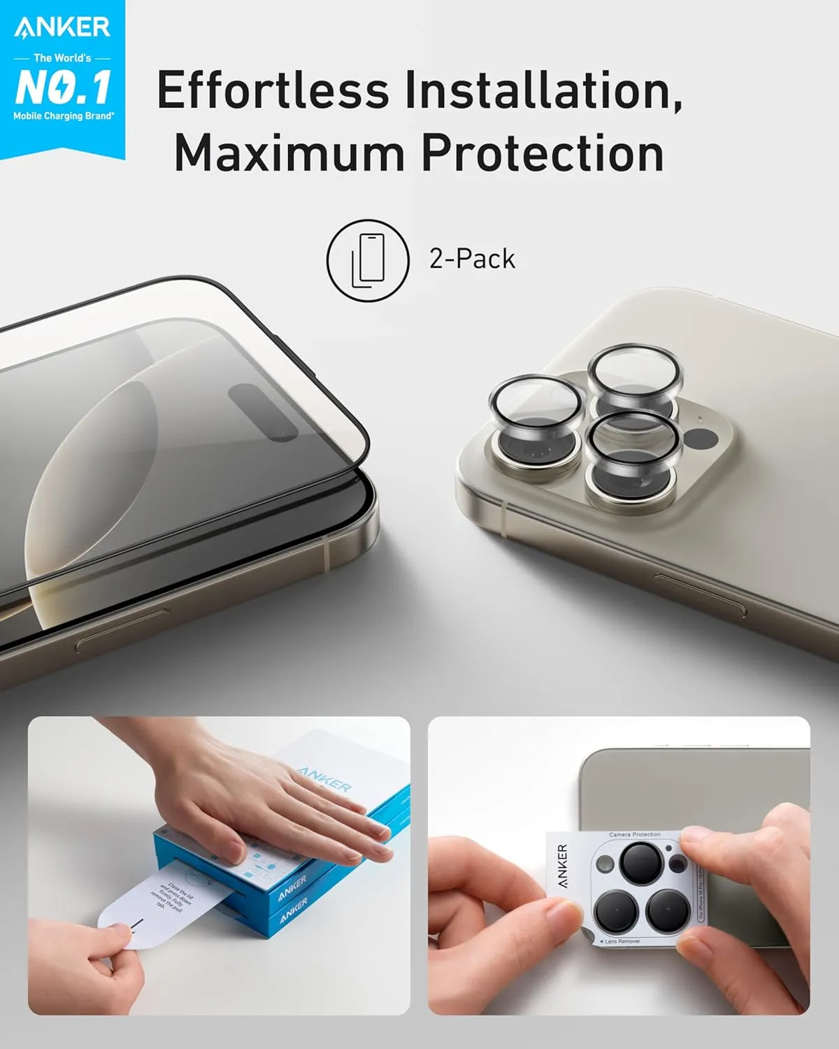 Anker HD Screen and Lens Protectors for iPhone 16 Pro (2-Pack), 6.3-Inch Ultra-Thin, Durable, and Clear Tempered Glass, Fast and Easy Installation, Scratch and Impact Resistant, 12-Month Warranty