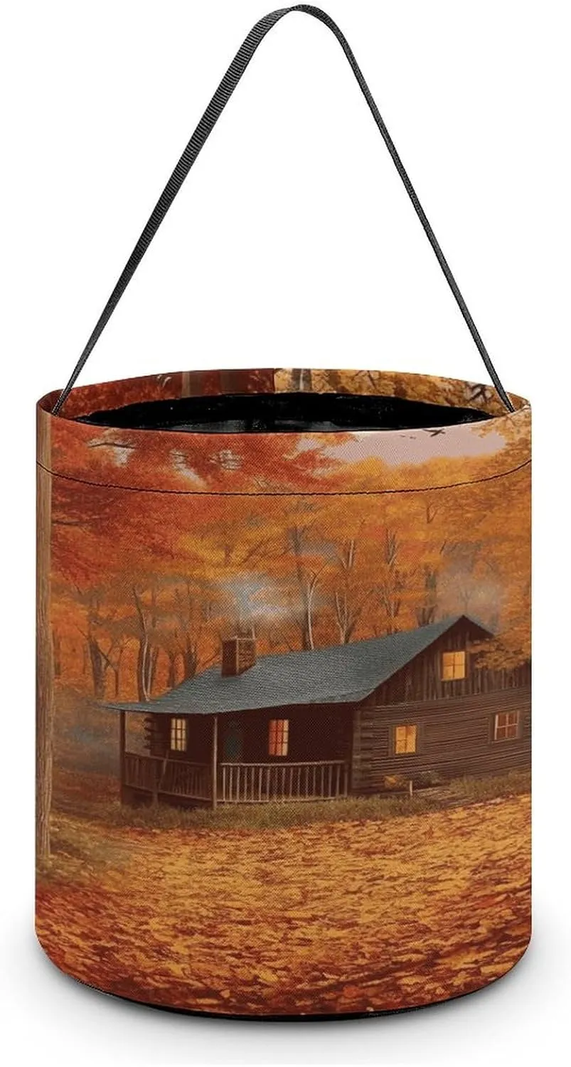 Autumn Woods Cabin Halloween Tote Candy Bag Candy Basket Candy Bucket Gift Bag for Halloween Party