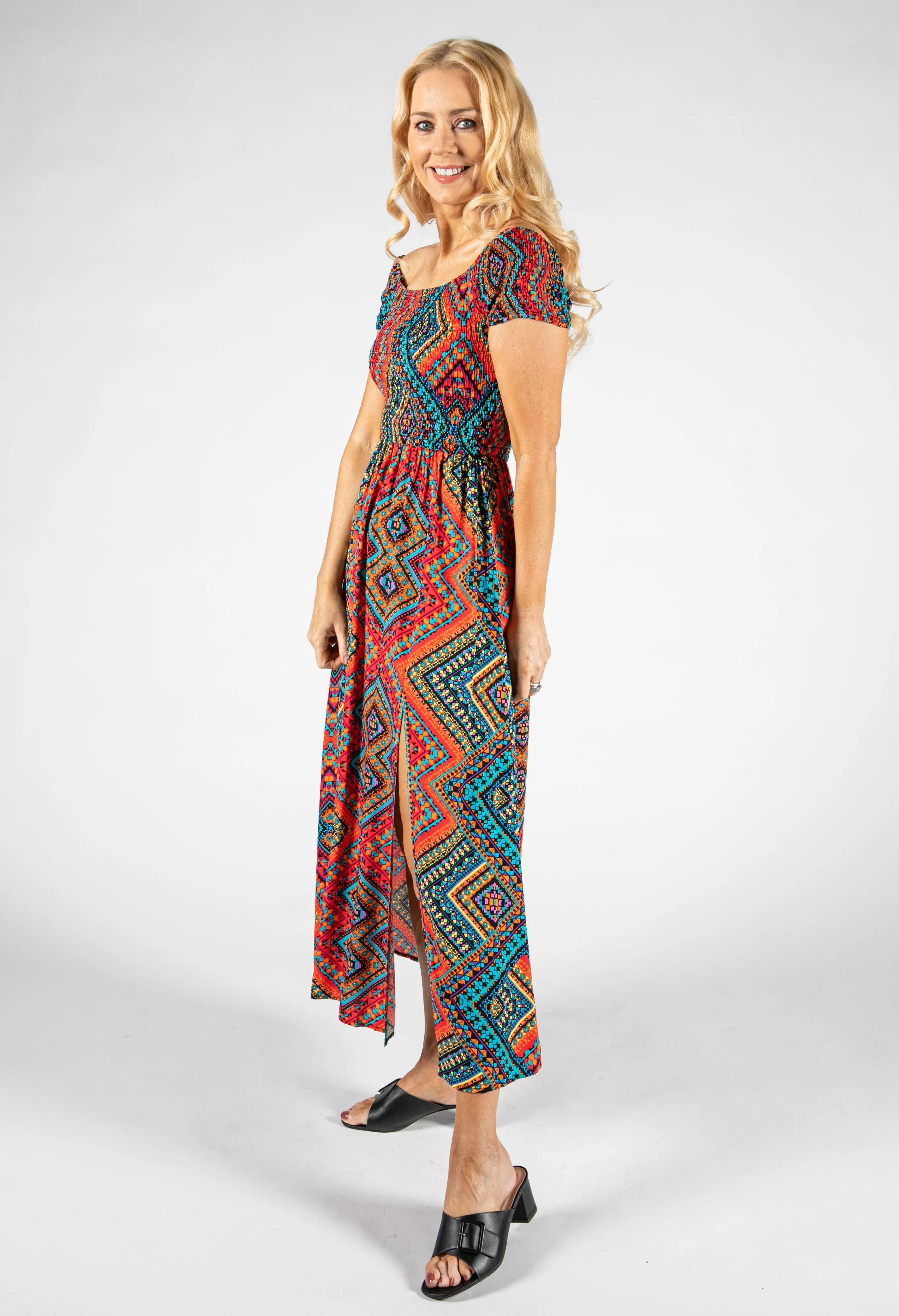 AZTEC PRINT SMOCKING BODICE DRESS