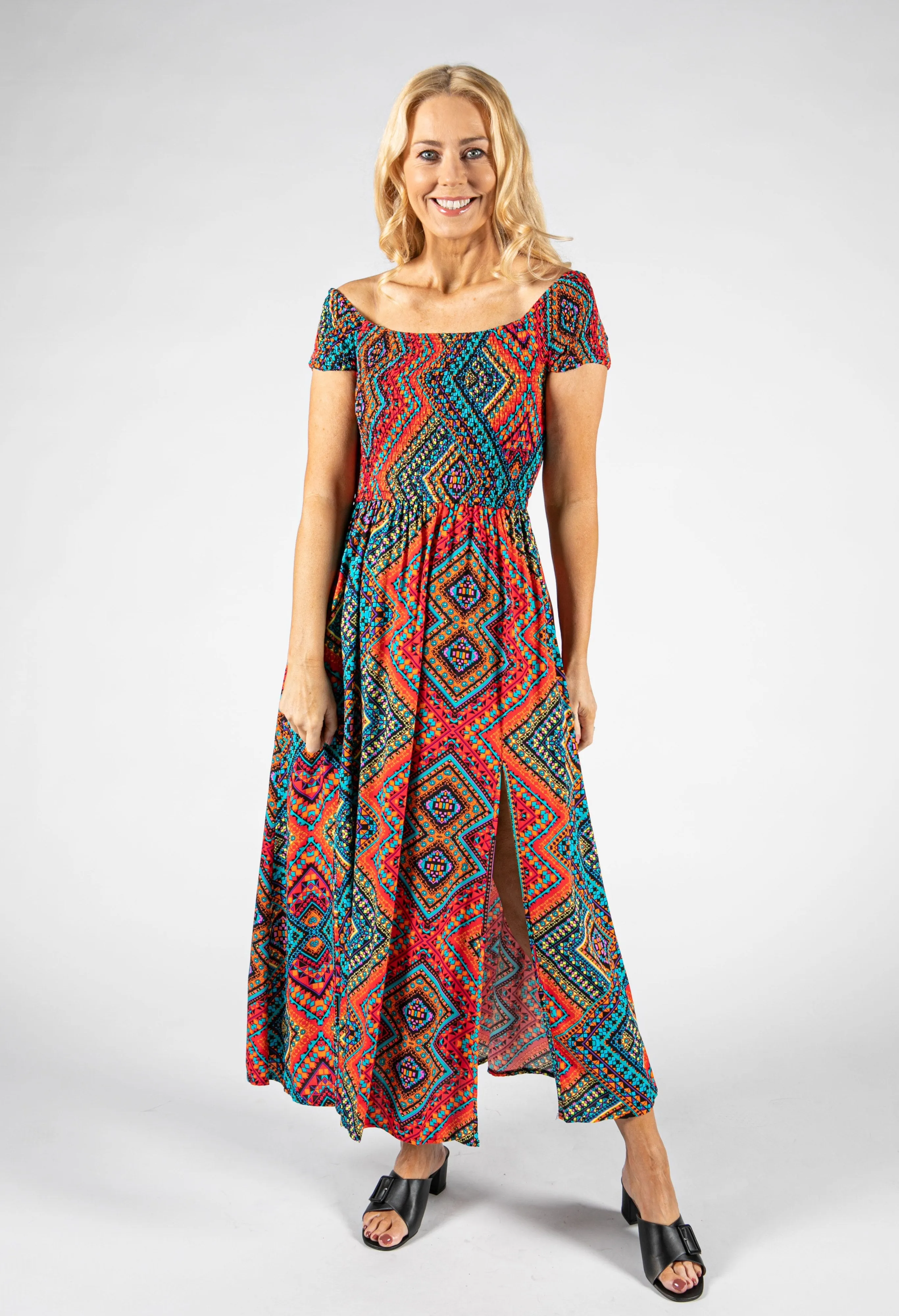 AZTEC PRINT SMOCKING BODICE DRESS