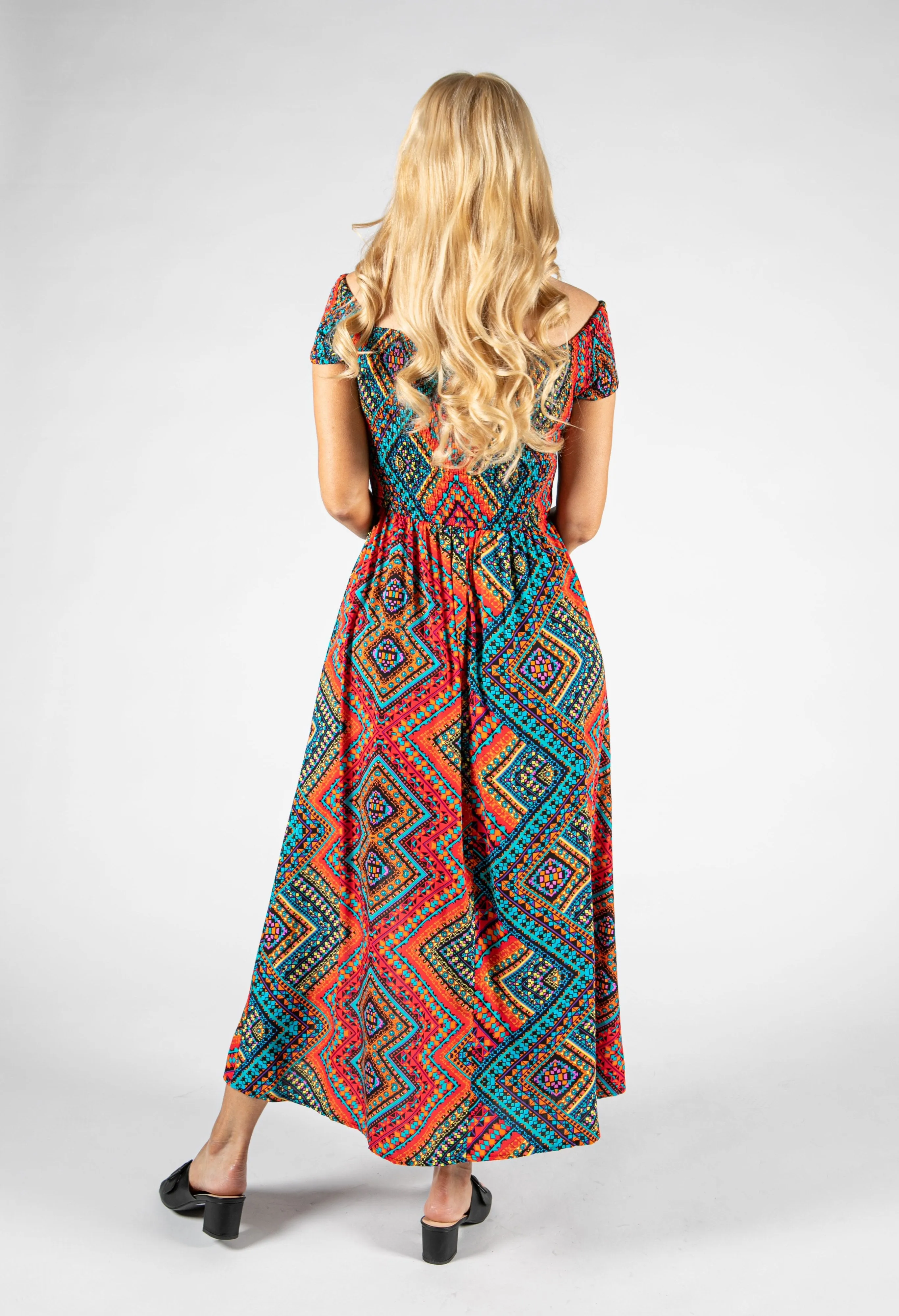 AZTEC PRINT SMOCKING BODICE DRESS