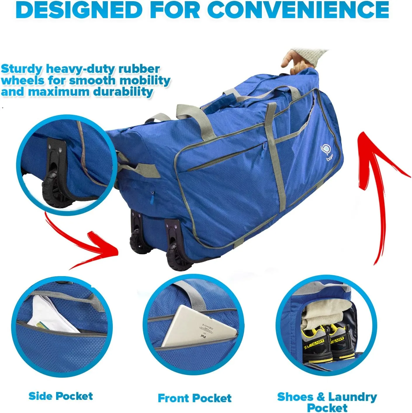 Bago Rolling Duffle Bag with Wheels - 27" 80L Foldable Weekender Bag, Waterproof Travel Duffel Bag, Heavy Duty lightWeight Duffle Bag for Traveling, Rolling Duffel Bag with Wheels (Blue2023)