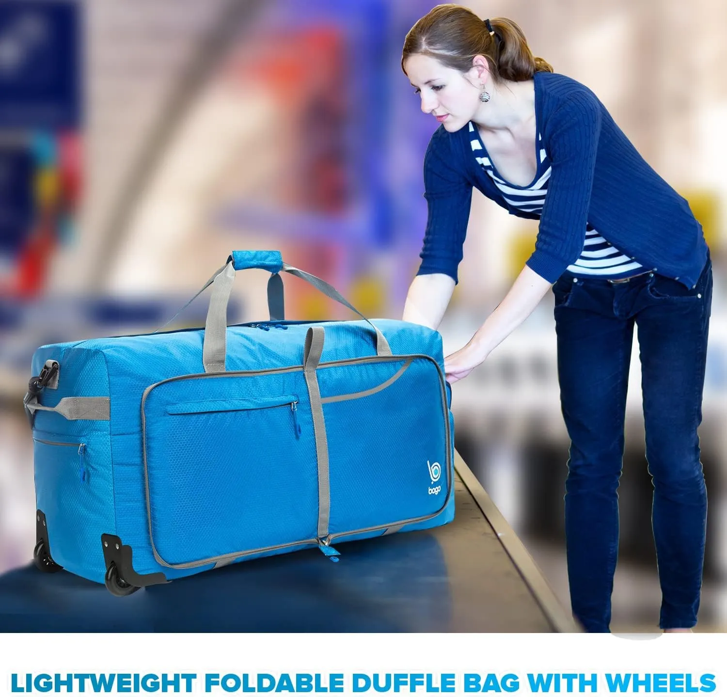 Bago Rolling Duffle Bag with Wheels - 27" 80L Foldable Weekender Bag, Waterproof Travel Duffel Bag, Heavy Duty lightWeight Duffle Bag for Traveling, Rolling Duffel Bag with Wheels (Blue2023)
