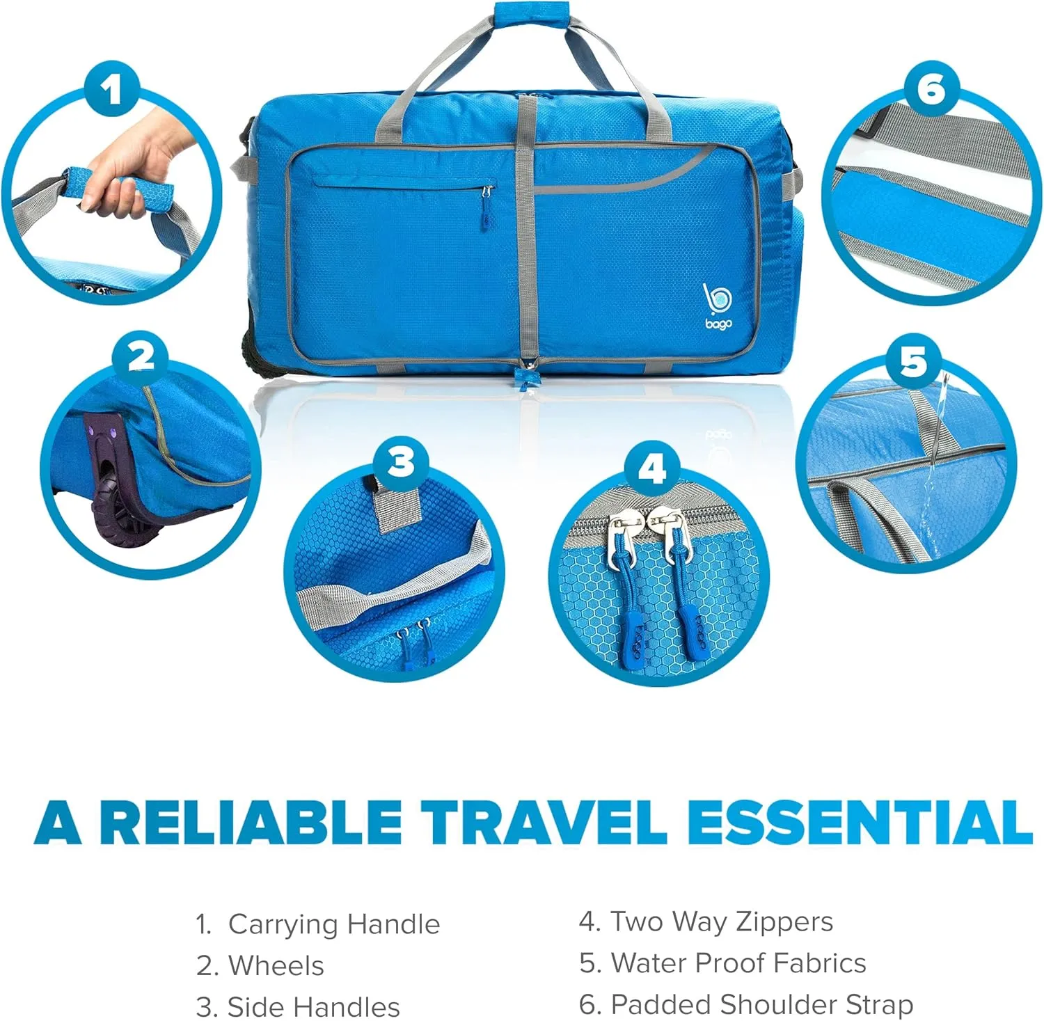 Bago Rolling Duffle Bag with Wheels - 27" 80L Foldable Weekender Bag, Waterproof Travel Duffel Bag, Heavy Duty lightWeight Duffle Bag for Traveling, Rolling Duffel Bag with Wheels (Blue2023)