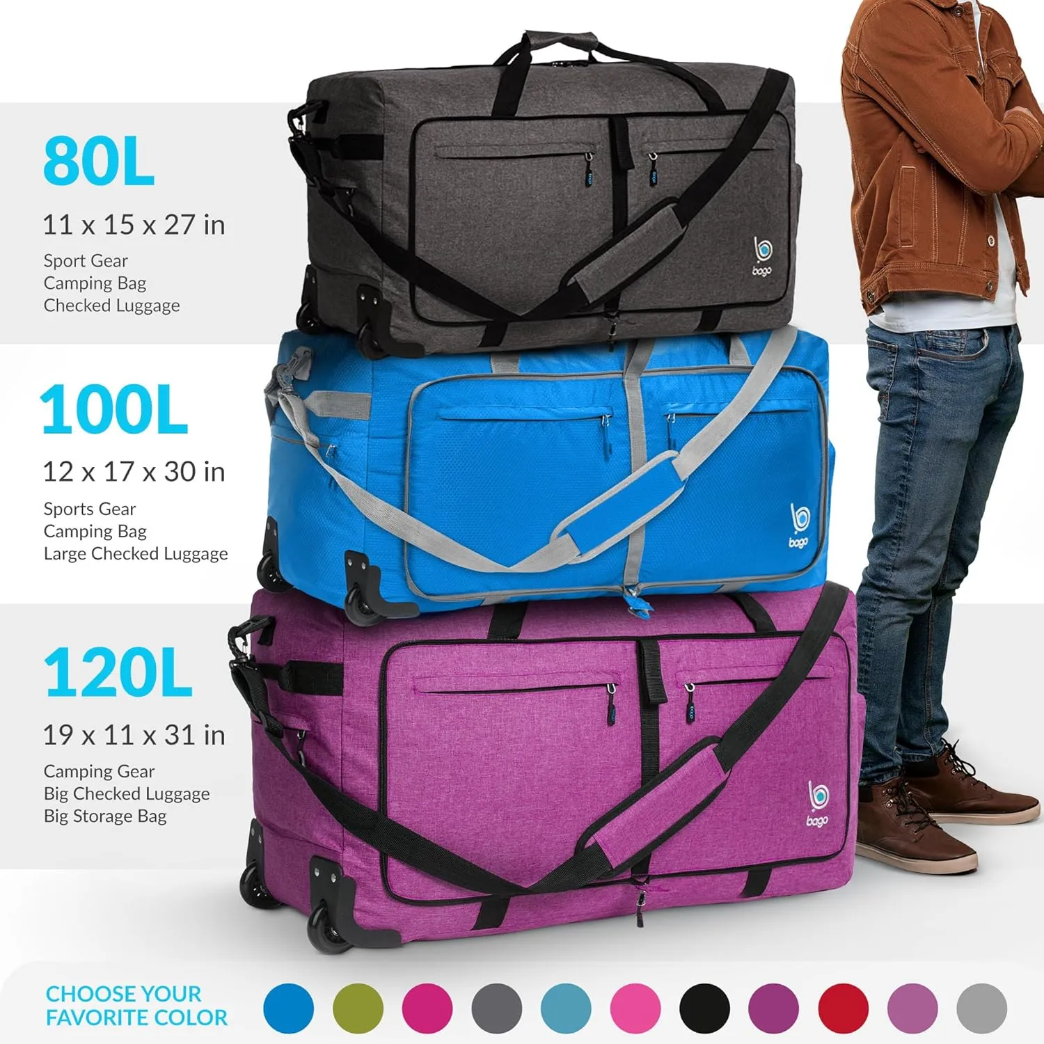 Bago Rolling Duffle Bag with Wheels - 27" 80L Foldable Weekender Bag, Waterproof Travel Duffel Bag, Heavy Duty lightWeight Duffle Bag for Traveling, Rolling Duffel Bag with Wheels (Blue2023)