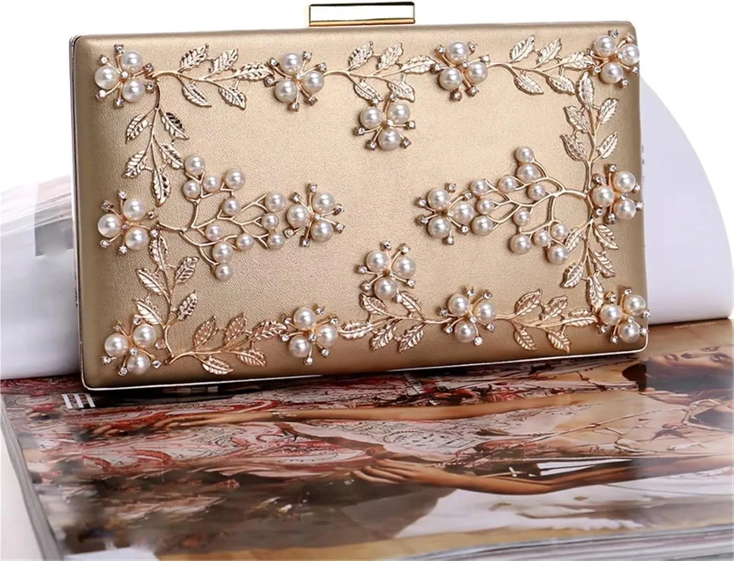 Beaded Evening Bag Women Evening Clutch Bags PU Chain Shoulder Handbags Leaf Metal Beaded Evening Purse Bags