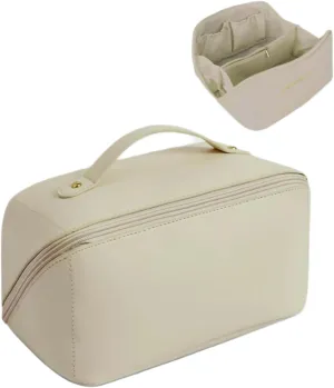 Beautiful - Large Capacity Travel Cosmetic Bag for Women - Waterproof Portable Leather Make up -Organizer Travel Toiletry - Bag with Handle and Divider Opens Flat Skincare Bag. Beige.