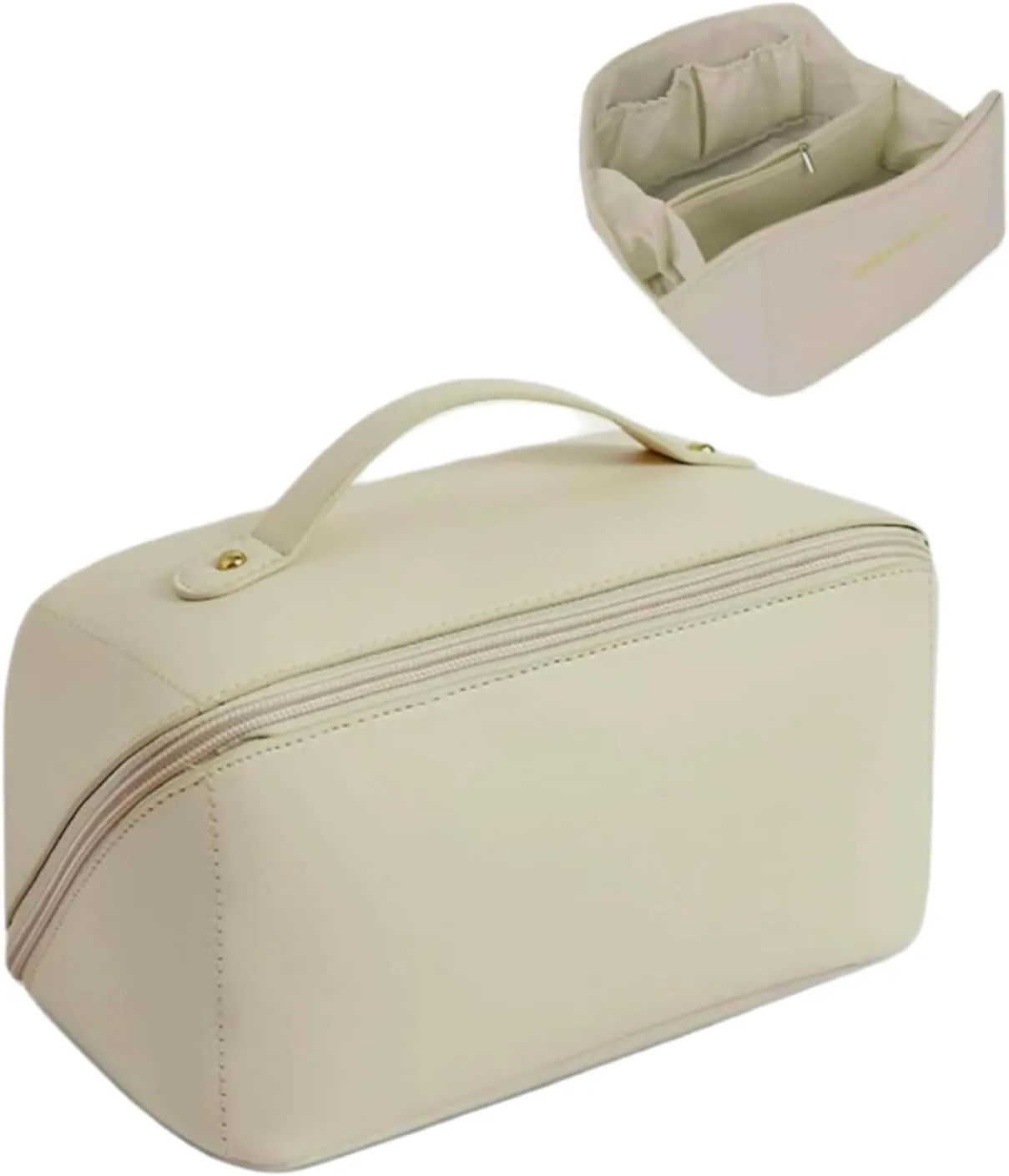 Beautiful - Large Capacity Travel Cosmetic Bag for Women - Waterproof Portable Leather Make up -Organizer Travel Toiletry - Bag with Handle and Divider Opens Flat Skincare Bag. Beige.