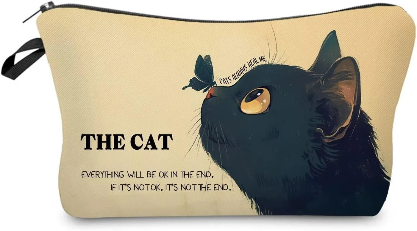 Black Cat Makeup Bag Small Organizer Bag Toiletry Zipper Pouch Cats Always Heal Me Cosmetic Bag Present for Cat Lovers Cat Mom Women Friends