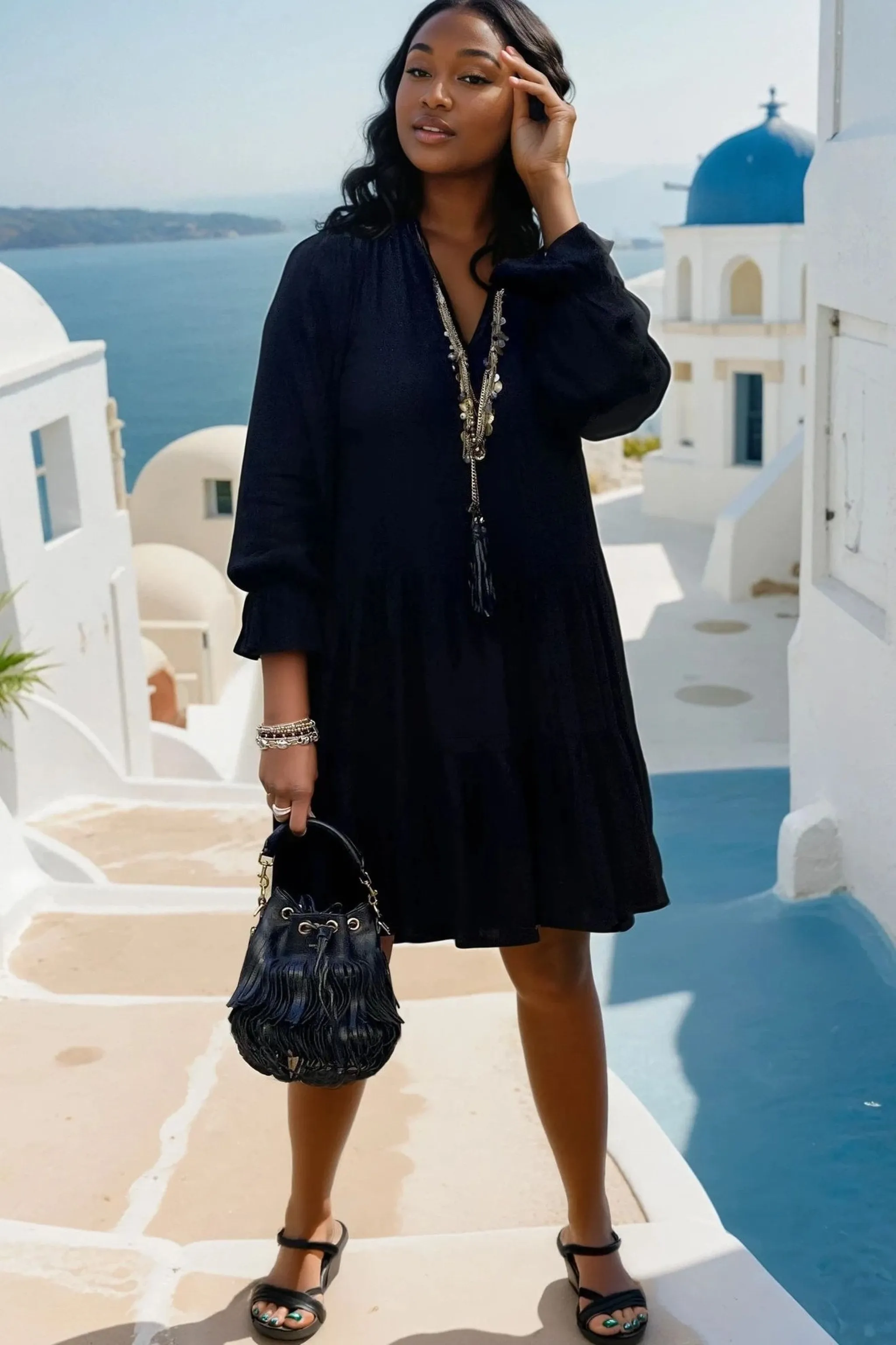 Black Cotton Plus Size Tiered Dress