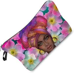 Black Woman Makeup Bag Cute Small Organizer Zipper Pouch Pink Floral Pattern Black Lady Cosmetic Bag Present for Black Ladies Women Friends