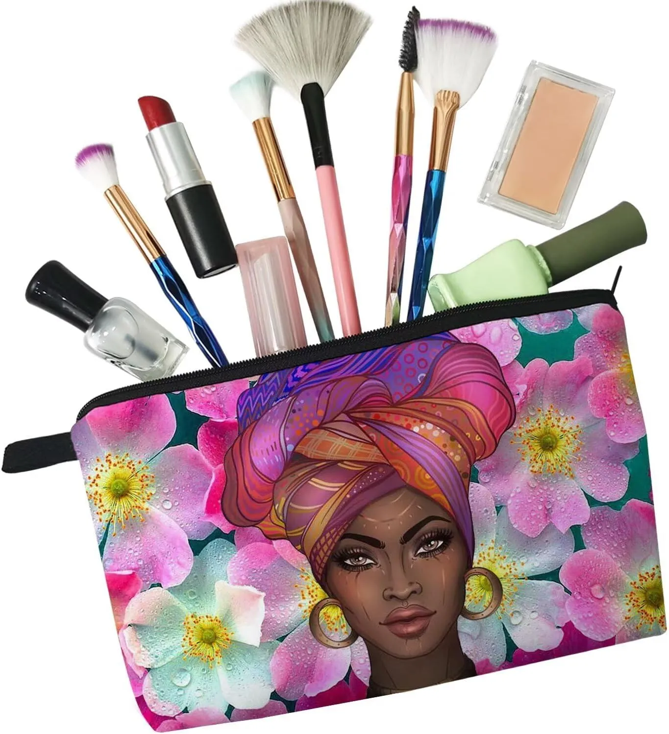 Black Woman Makeup Bag Cute Small Organizer Zipper Pouch Pink Floral Pattern Black Lady Cosmetic Bag Present for Black Ladies Women Friends