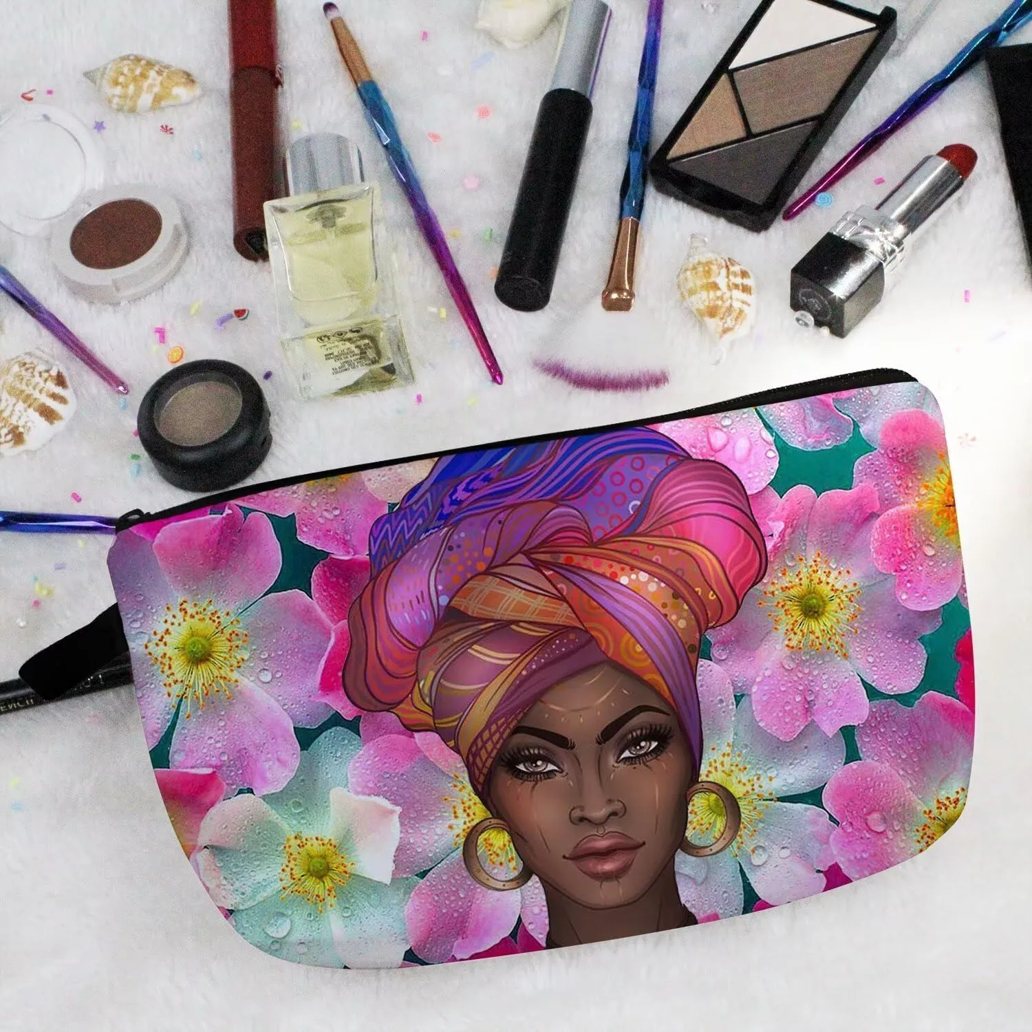 Black Woman Makeup Bag Cute Small Organizer Zipper Pouch Pink Floral Pattern Black Lady Cosmetic Bag Present for Black Ladies Women Friends