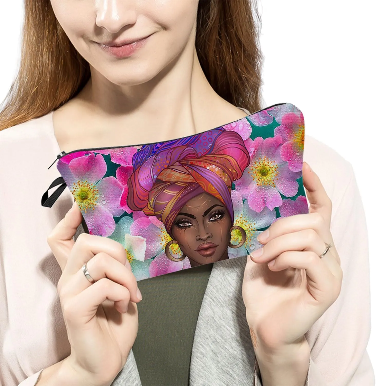 Black Woman Makeup Bag Cute Small Organizer Zipper Pouch Pink Floral Pattern Black Lady Cosmetic Bag Present for Black Ladies Women Friends