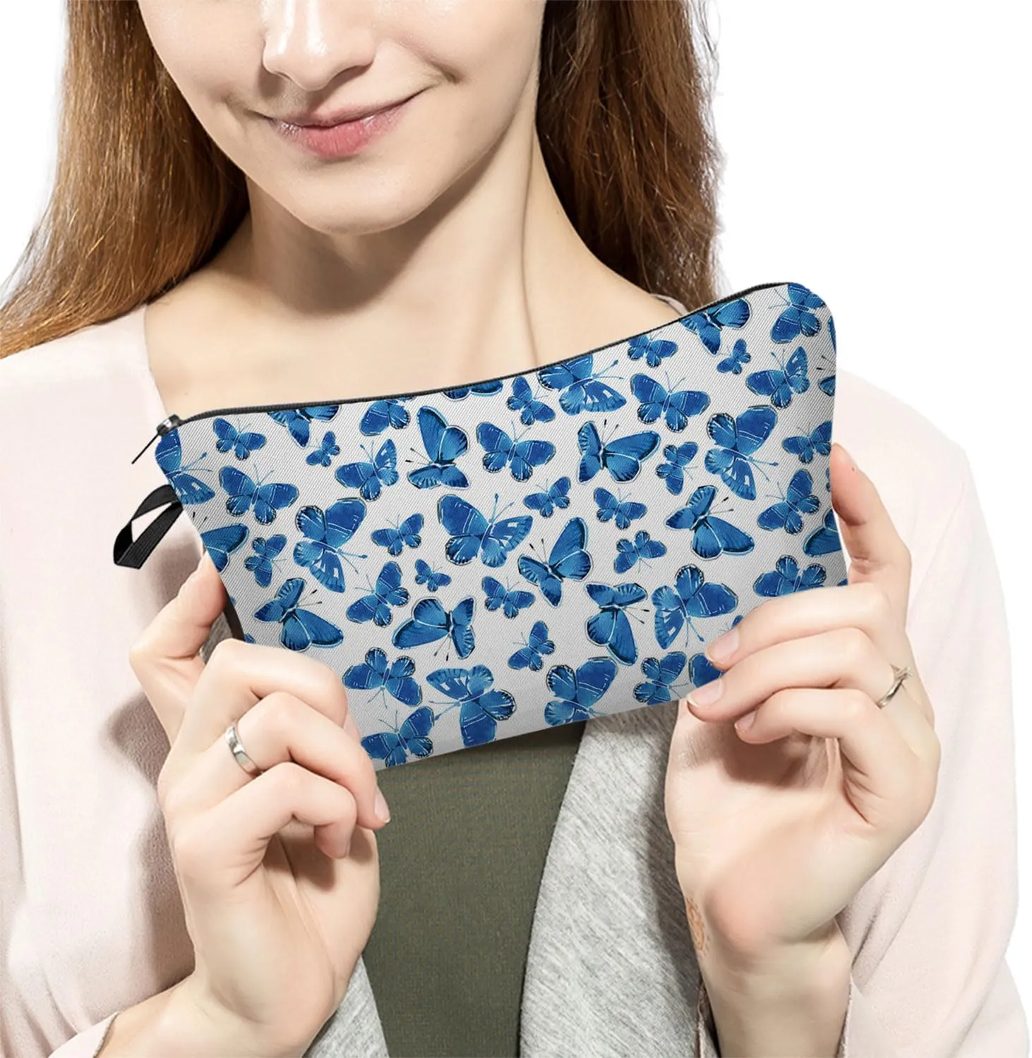 Blue Butterfly Cosmetic Bag Cute Small Makeup Bag Travel Toiletry Organizer Zipper Pouch Blue Butterfly Birthday Present for Butterfly Lovers Women Friends